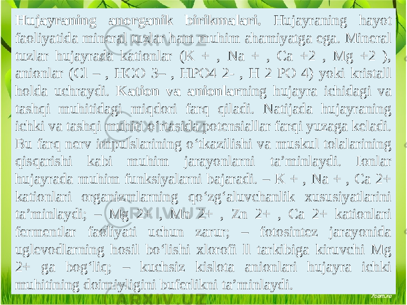 Hujayraning anorganik birikmalari. Hujayraning hayot faoliyatida mineral tuzlar ham muhim ahamiyatga ega. Mineral tuzlar hujayrada kationlar (K + , Na + , Ca +2 , Mg +2 ), anionlar (Cl – , HCO 3– , HPO4 2- , H 2 PO 4) yoki kristall holda uchraydi. Kation va anionlar ning hujayra ichidagi va tashqi muhitidagi miqdori farq qiladi. Natijada hujayraning ichki va tashqi muhiti o‘rtasida potensiallar farqi yuzaga keladi. Bu farq nerv impulslarining o‘tkazilishi va muskul tolalarining qisqarishi kabi muhim jarayonlarni ta’minlaydi. Ionlar hujayrada muhim funksiyalarni bajaradi. – K + , Na + , Ca 2+ kationlari organizmlarning qo‘zg‘aluvchanlik xususiyatlarini ta’minlaydi; – Mg 2+ , Mn 2+ , Zn 2+ , Ca 2+ kationlari fermentlar faoliyati uchun zarur; – fotosintez jarayonida uglevodlarning hosil bo‘lishi xlorofi ll tarkibiga kiruvchi Mg 2+ ga bog‘liq; – kuchsiz kislota anionlari hujayra ichki muhitining doimiyligini buferlikni ta’minlaydi. 