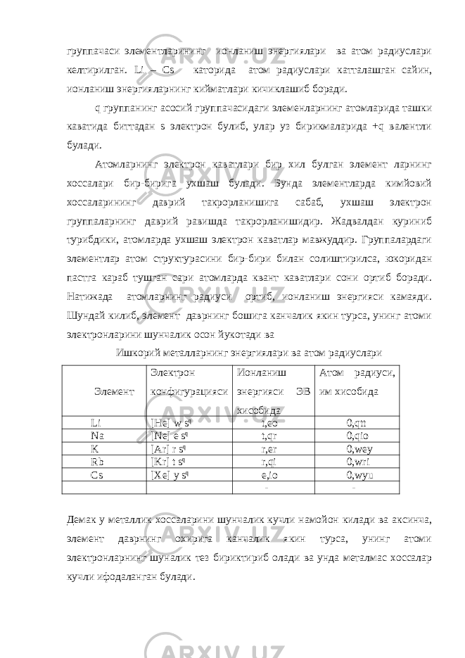 группачаси элементларининг ионланиш энергиялари ва атом радиуслари келтирилган. Li – Cs каторида атом радиуслари катталашган сайин, ионланиш энергияларнинг кийматлари кичиклашиб боради. q группанинг асосий группачасидаги элеменларнинг атомларида ташки каватида биттадан s электрон булиб, улар уз бирикмаларида +q валентли булади. Атомларнинг электрон каватлари бир хил булган элемент ларнинг хоссалари бир-бирига ухшаш булади. Бунда элементларда кимйовий хоссаларининг даврий такрорланишига сабаб, ухшаш электрон группаларнинг даврий равишда такрорланишидир. Жадвалдан куриниб турибдики, атомларда ухшаш электрон каватлар мавжуддир. Группалардаги элементлар атом структурасини бир-бири билан солиштирилса, юкоридан пастга караб тушган сари атомларда квант каватлари сони ортиб боради. Натижада атомларнинг радиуси ортиб, ионланиш энергияси камаяди. Шундай килиб, элемент даврнинг бошига канчалик якин турса, унинг атоми электронларини шунчалик осон йукотади ва Ишкорий металларнинг энергиялари ва атом радиуслари Элемент Электрон конфигурацияси Ионланиш энергияси ЭВ хисобида Атом радиуси, им хисобида Li [He] w s q t,eo 0,qtt Na [Ne] e s q t,qr 0,qio K [Ar] r s q r,er 0,wey Rb [Kr] t s q r,qi 0,wri Cs [Xe] y s q e,io 0,wyu - - Демак у металлик хоссаларини шунчалик кучли намойон килади ва аксинча, элемент даврнинг охирига канчалик якин турса, унинг атоми электронларнинг шуналик тез бириктириб олади ва унда металмас хоссалар кучли ифодаланган булади. 