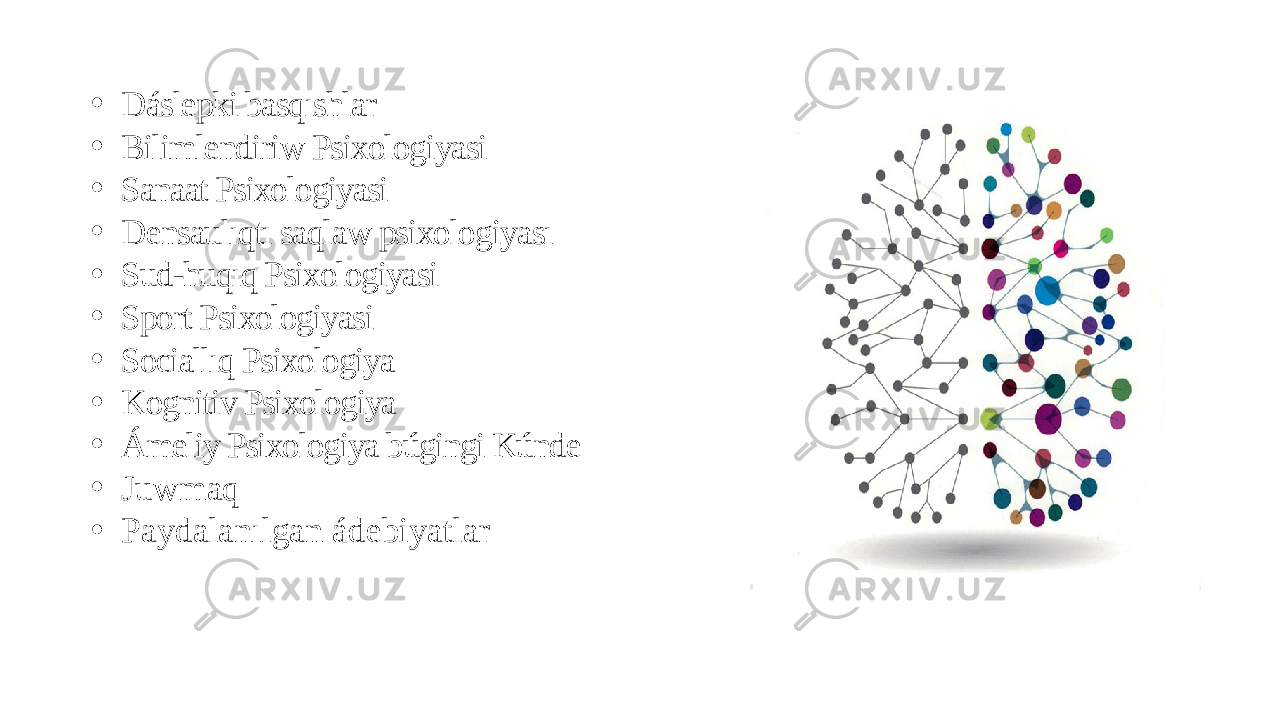 • Dáslepki basqıshlar • Bilimlendiriw Psixologiyasi • Sanaat Psixologiyasi • Densaulıqtı saqlaw psixologiyası • Sud-huqıq Psixologiyasi • Sport Psixologiyasi • Sociallıq Psixologiya • Kognitiv Psixologiya • Ámeliy Psixologiya búgingi Kúnde • Juwmaq • Paydalanılgan ádebiyatlar 