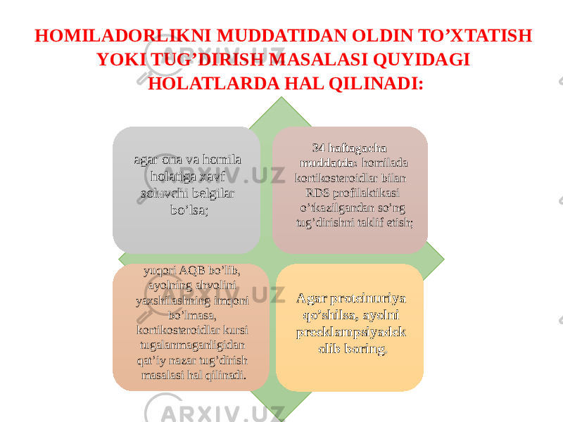 HOMILADORLIKNI MUDDATIDAN OLDIN TO’XTATISH YOKI TUG’DIRISH MASALASI QUYIDAGI HOLATLARDA HAL QILINADI: agar ona va homila holatiga xavf soluvchi belgilar bo’lsa; 34 haftagacha muddatda: homilada kortikosteroidlar bilan RDS profilaktikasi o’tkazilgandan so’ng tug’dirishni taklif etish; yuqori AQB bo’lib, ayolning ahvolini yaxshilashning imqoni bo’lmasa, kortikosteroidlar kursi tugalanmaganligidan qat’iy nazar tug’dirish masalasi hal qilinadi. Agar proteinuriya qo’shilsa, ayolni preeklampsiyadek olib boring.   