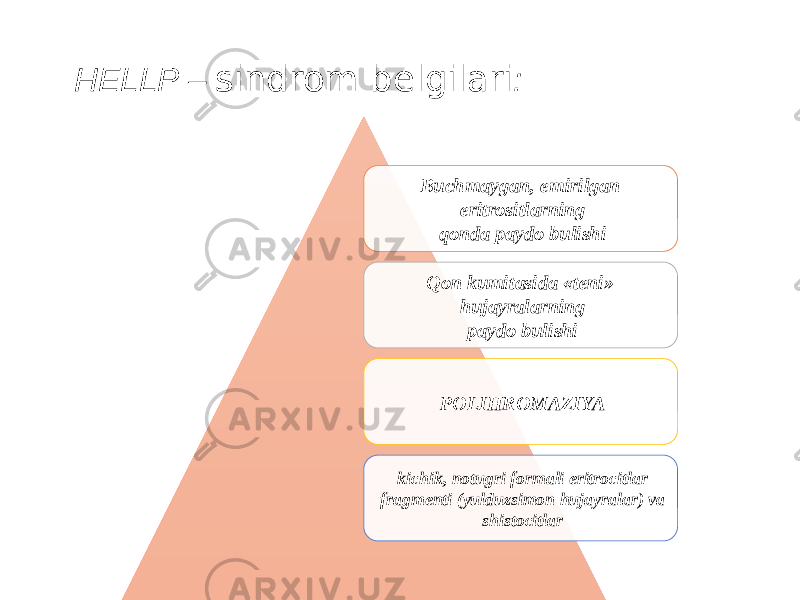 HELLP – sindrom belgilari : Buchmaygan, emirilgan eritrositlarning qonda paydo bulishi Qon kumitasida «teni» hujayralarning paydo bulishi POLIHROMAZIYA kichik, notugri formali eritrocitlar fragmenti (yulduzsimon hujayralar) va shistocitlar 