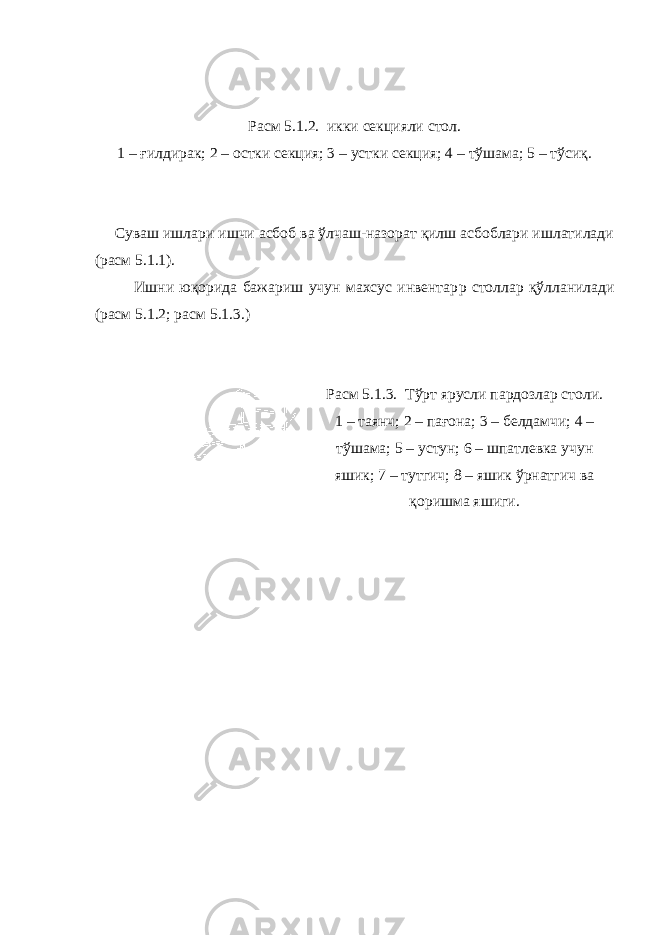 Расм 5.1.2. икки секцияли стол. 1 – ғилдирак; 2 – остки секция; 3 – устки секция; 4 – тўшама; 5 – тўсиқ. Суваш ишлари ишчи асбоб ва ўлчаш-назорат қилш асбоблари ишлатилади (расм 5.1.1). Ишни юқорида бажариш учун махсус инвентар p столлар қўлланилади (расм 5.1.2; расм 5.1.3.) Расм 5.1.3. Тўрт ярусли пардозлар столи. 1 – таянч; 2 – пағона; 3 – белдамчи; 4 – тўшама; 5 – устун; 6 – шпатлевка учун яшик; 7 – тутгич; 8 – яшик ўрнатгич ва қоришма яшиги. 