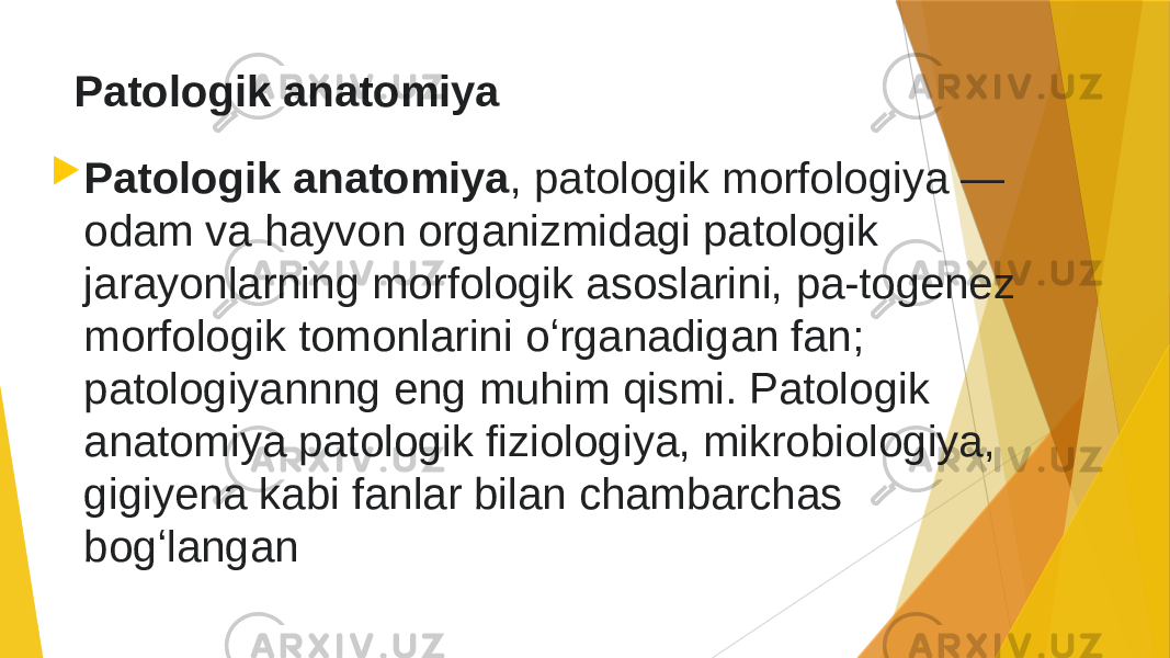 Patologik anatomiya  Patologik anatomiya , patologik morfologiya — odam va hayvon organizmidagi patologik jarayonlarning morfologik asoslarini, pa-togenez morfologik tomonlarini oʻrganadigan fan; patologiyannng eng muhim qismi. Patologik anatomiya patologik fiziologiya, mikrobiologiya, gigiyena kabi fanlar bilan chambarchas bogʻlangan 