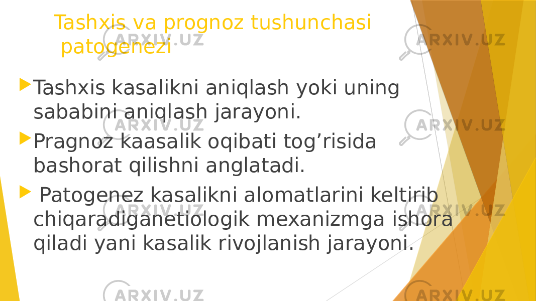 Tashxis va prognoz tushunchasi patogenezi  Tashxis kasalikni aniqlash yoki uning sababini aniqlash jarayoni.  Pragnoz kaasalik oqibati tog’risida bashorat qilishni anglatadi.  Patogenez kasalikni alomatlarini keltirib chiqaradiganetiologik mexanizmga ishora qiladi yani kasalik rivojlanish jarayoni. 