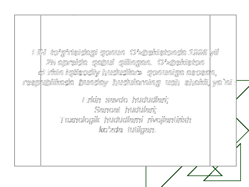 EIH to’g’risidagi qonun O’zbekistonda 1996 yil 25 aprelda qabul qilingan. O’zbekiston «Erkin iqtisodiy hududlar» qonuniga asosan, respublikada bunday hudularning uch shakli, ya`ni : Erkin savdo h ududlari; Sanoat h udulari; Texnologik hududlarni rivojlantirish ko’zda tutilgan. 