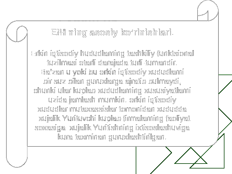 EIH ning asosiy ko’rinishlari . Erkin iqtisodiy hududlarning tashkiliy-funktsional tuzilmasi etarli darajada turli-tumandir. Ba’zan u yoki bu erkin iqtisodiy xududlarni bir suz bilan guruxlarga ajratib bulmaydi, chunki ular kuplab xududlarning xususiyatlarni uzida jamlash mumkin. erkin iqtisodiy xududlar mutaxassislar tomonidan xududda xujalik Yurituvchi kuplab firmalarning faoliyat soxasiga xujalik Yuritishning ixtisoslashuviga kura taxminan guruxlashtirilgan. 