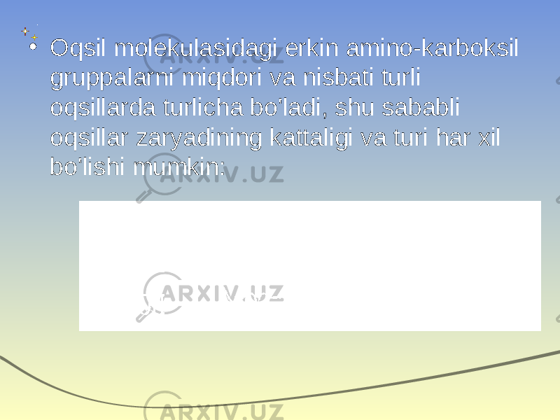 • Oqsil molekulasidagi erkin amino-karboksil gruppalarni miqdori va nisbati turli oqsillarda turlicha bo&#39;ladi, shu sababli oqsillar zaryadining kattaligi va turi har xil bo&#39;lishi mumkin: 