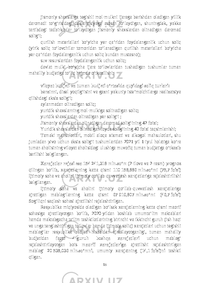 jismoniy shaxslarga tegishli mol-mulkni ijaraga berishdan oladigan yillik daromadi toʻgʻrisidagi deklaratsiyaga asosan toʻlaydigan, shuningdek, yakka tartibdagi tadbirkorlar toʻlaydigan jismoniy shaxslardan olinadigan daromad soligʻi; q urilish materiallari boʻyicha yer qaʼridan foydalanganlik uchun soliq (yirik soliq toʻlovchilar tomonidan toʻlanadigan qurilish materiallari boʻyicha yer qaʼridan foydalanganlik uchun soliq bundan mustasno); s uv resurslaridan foydalanganlik uchun soliq ; davlat mulki boʻyicha ijara toʻlovlaridan tushadigan tushumlar tuman mahalliy budjetiga toʻliq hajmda oʻtkazilishi; viloyat budjeti va tuman budjeti oʻrtasida quyidagi soliq turlari: benzinni, dizel yoqilgʻisini va gazni yakuniy isteʼmolchilarga realizatsiya qilishdagi aksiz soligʻi; aylanmadan olinadigan soliq; yuridik shaxslarning mol-mulkiga solinadigan soliq; yuridik shaxslardan olinadigan yer soligʻi ; Jismoniy shaxslardan olinadigan daromad soligʻining 42   foizi; Yuridik shaxslardan olinadigan foyda soligʻining 40   foizi taqsimlanishi; Tamaki mahsulotlari, mobil aloqa xizmati va alkogol mahsulotlari, shu jumladan pivo uchun aksiz soligʻi tushumlaridan 2021-yil 1-iyul holatiga koʻra tuman aholisining viloyat aholisidagi ulushiga muvofiq tuman budjetiga oʻtkazib berilishi belgilangan. Xarajatlar rejasi esa 154   241,318   mln.soʻm (2-ilova va 2-rasm) prognoz qilingan boʻlib, xarajatlarning katta qismi 110   158,886   mln.soʻm i (7 5 , 7   foizi) Ijtimoiy soha va aholini ijtimoiy qoʻllab-quvvatlash xarajatlariga rejalashtirilishi belgilangan. Ijtimoiy soha va aholini ijtimoiy qoʻllab-quvvatlash xarajatlariga ajratilgan mablagʻlarning katta qismi 67   919,807   mln.soʻm i (4 6 , 7   foizi) Sogʻliqni saqlash sohasi ajratilishi rejalashtirilgan. Respublika miqiyosida oladigan boʻlsak xarajatlarning katta qismi maorif sohasiga ajratilayotgan boʻlib, 2020-yildan boshlab umumtaʻlim maktablari hamda maktabgacha taʻlim tashkilotlarining birinchi va ikkinchi guruh (ish haqi va unga tenglashtirilgan toʻlovlar hamda ijtimoiy soliq) xarajatlari uchun tegishli mablagʻlar respublika budjeti hisobidan ajratilayotganligi, tuman mahalliy budjetidan faqat 4-guruh boshqa xarajatlari uchun mablagʻ rejalashtirilayotgan bois maorif xarajatlariga ajratilishi rejalashtirilgan mablagʻ 20   538,036   mln.soʻmni, umumiy xarajatning (1 4 , 1   foizi)ni tashkil qilgan. 15 