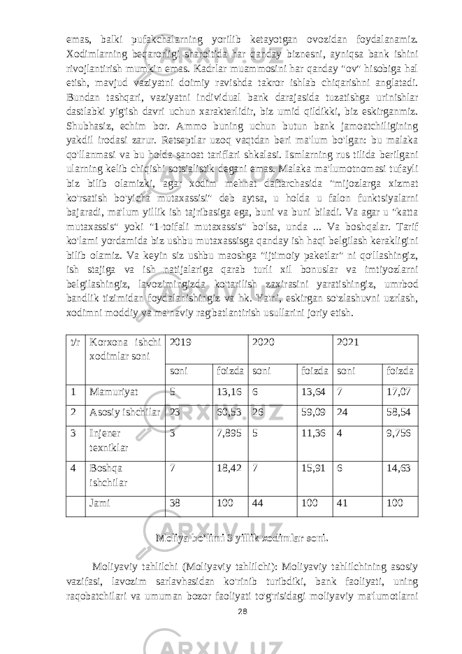 emas, balki pufakchalarning yorilib ketayotgan ovozidan foydalanamiz. Xodimlarning beqarorligi sharoitida har qanday biznesni, ayniqsa bank ishini rivojlantirish mumkin emas. Kadrlar muammosini har qanday &#34;ov&#34; hisobiga hal etish, mavjud vaziyatni doimiy ravishda takror ishlab chiqarishni anglatadi. Bundan tashqari, vaziyatni individual bank darajasida tuzatishga urinishlar dastlabki yig&#39;ish davri uchun xarakterlidir, biz umid qildikki, biz eskirganmiz. Shubhasiz, echim bor. Ammo buning uchun butun bank jamoatchiligining yakdil irodasi zarur. Retseptlar uzoq vaqtdan beri ma&#39;lum bo&#39;lgan: bu malaka qo&#39;llanmasi va bu holda sanoat tariflari shkalasi. Ismlarning rus tilida berilgani ularning kelib chiqishi sotsialistik degani emas. Malaka ma&#39;lumotnomasi tufayli biz bilib olamizki, agar xodim mehnat daftarchasida &#34;mijozlarga xizmat ko&#39;rsatish bo&#39;yicha mutaxassisi&#34; deb aytsa, u holda u falon funktsiyalarni bajaradi, ma&#39;lum yillik ish tajribasiga ega, buni va buni biladi. Va agar u &#34;katta mutaxassis&#34; yoki &#34;1-toifali mutaxassis&#34; bo&#39;lsa, unda ... Va boshqalar. Tarif ko&#39;lami yordamida biz ushbu mutaxassisga qanday ish haqi belgilash kerakligini bilib olamiz. Va keyin siz ushbu maoshga &#34;ijtimoiy paketlar&#34; ni qo&#39;llashingiz, ish stajiga va ish natijalariga qarab turli xil bonuslar va imtiyozlarni belgilashingiz, lavozimingizda ko&#39;tarilish zaxirasini yaratishingiz, umrbod bandlik tizimidan foydalanishingiz va hk. Ya&#39;ni, eskirgan so&#39;zlashuvni uzrlash, xodimni moddiy va ma&#39;naviy rag&#39;batlantirish usullarini joriy etish. t/r Korxona ishchi xodimlar soni 2019 20 20 202 1 soni foizda soni foizda soni foizda 1 Mamuriyat 5 13,16 6 13,64 7 17,07 2 Asosiy ishchilar 23 60,53 26 59,09 24 58,54 3 Injener texniklar 3 7,895 5 11,36 4 9,756 4 Boshqa ishchilar 7 18,42 7 15,91 6 14,63 Jami 38 100 44 100 41 100 Moliya bo’limi 3 yillik xodimlar soni. Moliyaviy tahlilchi (Moliyaviy tahlilchi): Moliyaviy tahlilchining asosiy vazifasi, lavozim sarlavhasidan ko&#39;rinib turibdiki, bank faoliyati, uning raqobatchilari va umuman bozor faoliyati to&#39;g&#39;risidagi moliyaviy ma&#39;lumotlarni 28 