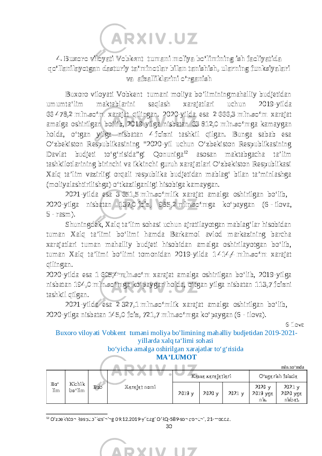4.   Buxoro viloyati Vobkent tumani moliya bo’limining ish faoliyatida qo’llanilayotgan dasturiy ta’minotlar bilan tanishish, ularning funksiyalari va afzalliklarini o’rganish Buxoro viloyati Vobkent tumani moliya bo’liminingmahalliy budjetidan umumtaʻlim m aktab larini saqlash xarajatlari uchun 2019-yilda 66   478 ,2   mln.soʻm xarajat qilingan. 2020-yilda esa 2   666 , 3   mln.soʻm xarajat amalga oshirilgan boʻlib, 2019-yilga nisbatan 6 3   812 , 0   mln.soʻm ga kamaygan holda, oʻtgan yilga nisbatan 4   foiz ni tashkil qilgan. Bunga sabab esa Oʻzbekiston Respublikasining “2020-yil uchun Oʻzbekiston Respublikasining Davlat budjeti toʻgʻrisida”gi Qonuniga 12 asosan maktabgacha taʼlim tashkilotlarining birinchi va ikkinchi guruh xarajatlari Oʻzbekiston Respublikasi Xalq taʼlim vazirligi orqali respublika budjetidan mablagʻ bilan taʼminlashga (moliyalashtirilishga) oʻtkazilganligi hisobiga kamaygan. 2021-yilda esa 3   651 , 5   mln.soʻm lik xarajat amalga oshirilgan boʻlib, 2020-yilga nisbatan 1 37 , 0   foiz, 985 , 2   mln.soʻm ga koʻpaygan ( 6   -   ilova, 5   -   rasm ). Shuningdek, Xalq taʼlim sohasi uchun ajratilayotgan mablagʻlar hisobidan tuman Xalq taʼlimi boʻlimi hamda Barkamol avlod markazining barcha xarajatlari tuman mahalliy budjeti hisobidan amalga oshirilayotgan boʻlib, tuman Xalq taʼlimi boʻlimi tomonidan 2019-yilda 1   414,4   mln.soʻm xarajat qilingan. 2020-yilda esa 1   605,4   mln.soʻm xarajat amalga oshirilgan boʻlib, 2019-yilga nisbatan 194,0   mln.soʻm ga koʻpaygan holda, oʻtgan yilga nisbatan 113,7   foiz ni tashkil qilgan. 2021-yilda esa 2   327,1   mln.soʻm lik xarajat amalga oshirilgan boʻlib, 2020-yilga nisbatan 145,0   foiz, 721,7   mln.soʻm ga koʻpaygan (6   -   ilova). 6-ilova Buxoro viloyati Vobkent tumani moliya bo ’ limining mahalliy budjetidan 2019-2021- yillarda xalq taʻlimi sohasi boʻyicha amalga oshirilgan xarajatlar toʻgʻrisida MAʼLUMOT mln.soʻmda Boʻ- lim Kichik boʻlim Bob Xarajat nomi Kassa xarajatlari Oʻzgarish foizda 2019-y 2020-y 2021-y 2020-y 2019-yga nis. 2021-y 2020-yga nisbat. 12 Oʻzbekiston Respublikasining 09.12.2019-yildagi OʻRQ-589-son qonuni, 21-modda. 30 