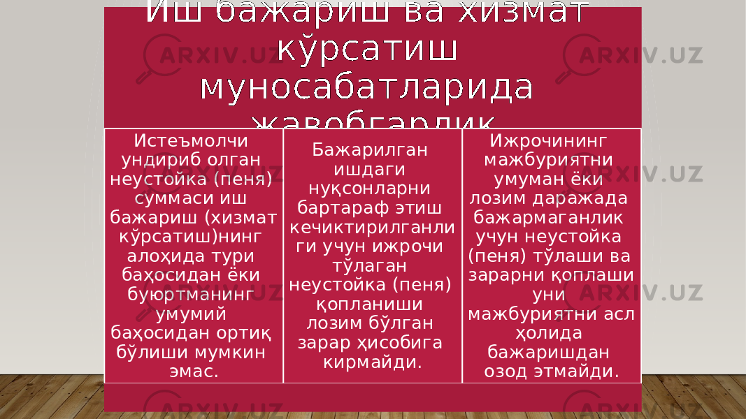 Иш бажариш ва хизмат кўрсатиш муносабатларида жавобгарлик Истеъмолчи ундириб олган неустойка (пеня) суммаси иш бажариш (хизмат кўрсатиш)нинг алоҳида тури баҳосидан ёки буюртманинг умумий баҳосидан ортиқ бўлиши мумкин эмас. Бажарилган ишдаги нуқсонларни бартараф этиш кечиктирилганли ги учун ижрочи тўлаган неустойка (пеня) қопланиши лозим бўлган зарар ҳисобига кирмайди. Ижрочининг мажбуриятни умуман ёки лозим даражада бажармаганлик учун неустойка (пеня) тўлаши ва зарарни қоплаши уни мажбуриятни асл ҳолида бажаришдан озод этмайди. 