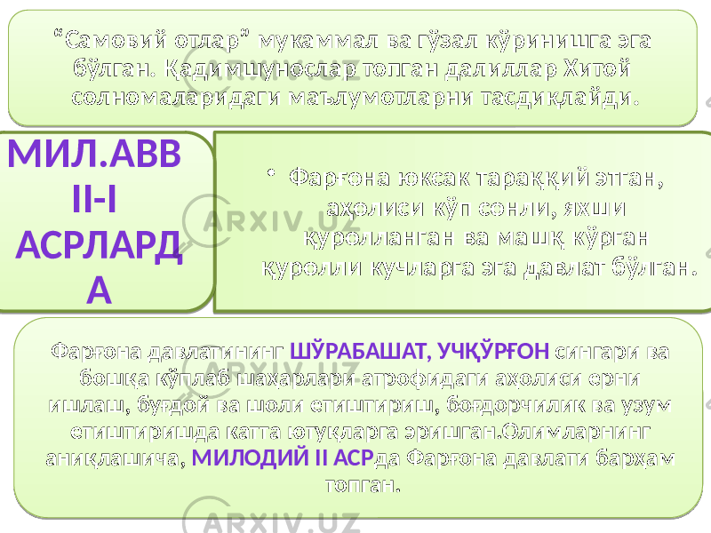 Фарғона давлатининг ШЎРАБАШАТ, УЧҚЎРҒОН сингари ва бошқа кўплаб шаҳарлари атрофидаги аҳолиси ерни ишлаш, буғдой ва шоли етиштириш, боғдорчилик ва узум етиштиришда катта ютуқларга эришган.Олимларнинг аниқлашича, МИЛОДИЙ II АСР да Фарғона давлати барҳам топган.“ Самовий отлар” мукаммал ва гўзал кўринишга эга бўлган. Қадимшунослар топган далиллар Хитой солномаларидаги маълумотларни тасдиқлайди. • Фарғона юксак тараққий этган, аҳолиси кўп сонли, яхши қуролланган ва машқ кўрган қуролли кучларга эга давлат бўлган.МИЛ.АВВ II-I АСРЛАРД А4A02 3B392D 0D 2306 082E0A 04 02 01 05 11 4D 2C 23 0D060A 01 4A 02 211F 211F 0114 49 0C 0C 