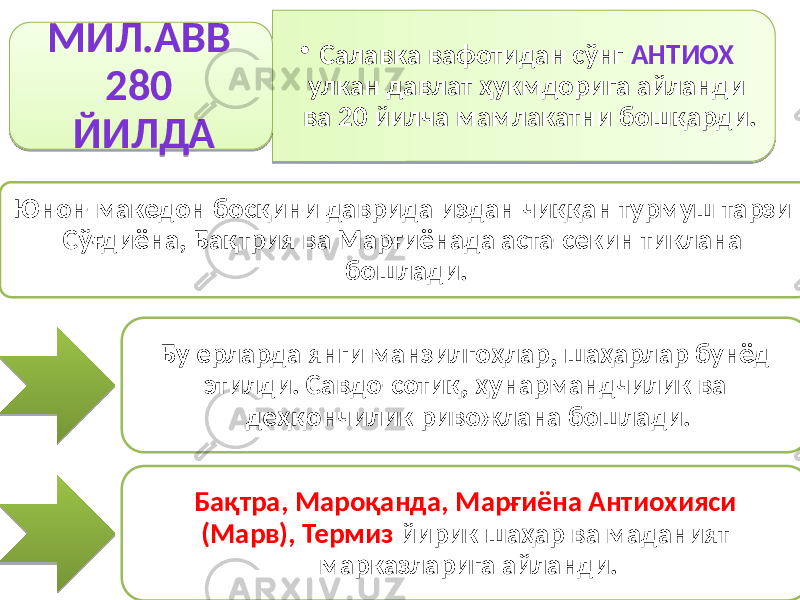 • Салавка вафотидан сўнг АНТИОХ улкан давлат ҳукмдорига айланди ва 20 йилча мамлакатни бошқарди. МИЛ.АВВ 280 ЙИЛДА Юнон-македон босқини даврида издан чиққан турмуш тарзи Сўғдиёна, Бақтрия ва Марғиёнада аста-секин тиклана бошлади. Бу ерларда янги манзилгоҳлар, шаҳарлар бунёд этилди. Савдо-сотиқ, ҳунармандчилик ва деҳқончилик ривожлана бошлади. Бақтра, Мароқанда, Марғиёна Антиохияси (Марв), Термиз йирик шаҳар ва маданият марказларига айланди. 01 2C 0C 0B 1F 0F 0114 18 19 