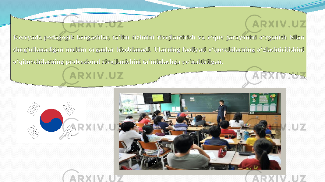 Koreyada pedagogik kengashlar, ta’lim tizimini rivojlantirish va o‘quv jarayonini o‘rganish bilan shug‘ullanadigan muhim organlar hisoblanadi. Ularning faoliyati o‘quvchilarning o‘zlashtirilishini o‘qituvchilarning professional rivojlanishini ta’minlashga yo‘naltirilgan. 