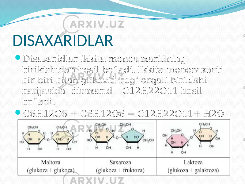 DISAXARIDLAR  Disaxaridlar ikkita monosaxaridning birikishidan hosil bo‘ladi. Ikkita monosaxarid bir-biri bilan glikozid bog‘ orqali birikishi natijasida disaxarid – C12H22O11 hosil bo‘ladi.  С6Н12О6 + С6Н12О6 = С12Н22О11+ Н2О 