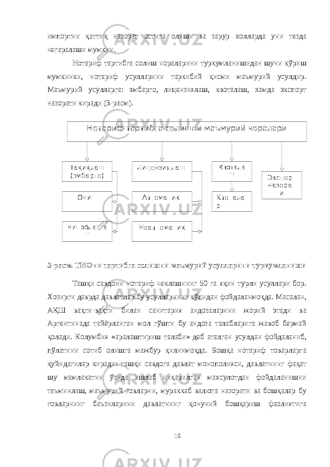 Нотариф тартибга солишни маъмурий чоралари Тақиқлаш (эмбарго) Очи= Ни=обланга н Ноавтоматик Автоматик Лицензиялаш Квотала р Квотала ш Экспорт назорат иимпортни қаттиқ назорат остига олиши ва зарур холларда уни тезда чегаралаши мумкин. Нотариф тартибга солиш чораларини туркумланишидан шуни кўриш мумкинки, нотариф усулларини таркибий қисми маъмурий усулдир. Маъмурий усулларга: эмбарго, лицензиялаш, квоталаш, хамда экспорт назорати киради (3-расм). 3-расм. ТИФни тартибга солишни маъмурий усулларини туркумланиши Ташқи савдони нотариф чеклашнинг 50 га яқин турли усуллари бор. Хозирги даврда давлатлар бу усулларнинг кўпидан фойдаланмоқда. Масалан, А Қ Ш вақти-вақти билан санитария андозаларини жорий этади ва Аргентинада тайёрланган мол гўшти бу андоза талабларига жавоб бермай қолади. Колумбия «аралаштириш талаби» деб аталган усулдан фойдаланиб, пўлатини сотиб олишга мажбур қилинмоқда. Бошқа нотариф товарларга қуйидагилар киради: ташқи савдога давлат монополияси, давлатнинг фақат шу мамлакатни ўзида ишлаб чиқарилган махсулотдан фойдаланишни таъминлаш, маъмурий ғовларни, мураккаб валюта назорати ва бошқалар бу ғовларнинг баъзиларини давлатнинг қонуний бошқариш фаолиятига 19 