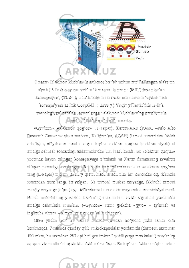 6- rasm . Elektron kitoblarda axborot berish uchun mo ’ ljallangan elektron siyoh ( E - Ink ) a aylanuvchi mikrokapsulalardan ( MIT ) foydalanish konsepsiyasi , (12.2-1); b to ’ ldirilgan mikrokapsulalardan foydalanish konsepsiyasi ( E Ink Corp / MIT ; 1999 y .) Yaqin yillar ichida E-Ink texnologiyasi asosida tayyorlangan elektron kitoblarning amaliyotda qo’llanilishi taxmin qilinmoqda. «Gyricon», «elektron qog’oz» (E-Paper). XeroxPARS (PARC –Palo Alto Research Center tadqiqot markazi, Kaliforniya, AQSH) firmasi tomonidan ishlab chiqilgan, «Gyricon» nomini olgan loyiha elektron qog’oz (elektron siyoh) ni amalga oshirish sohasidagi ishlanmalardan biri hisoblanadi. Bu «elektron qog’oz» yuqorida bayon qilingan konsepsiyaga o’xshash va Xerox firmasining avvalroq olingan patentiga asoslangan. Bu holda ham mikrokapsulalar «elektron qog’oz» ning (E-Paper) muhim tarkibiy qismi hisoblanadi, ular bir tomondan oq, ikkinchi tomondan qora ranga bo’yalgan. Bir tomoni musbat zaryadga, ikkinchi tomoni manfiy zaryadga (dipol) ega. Mikrokapsulalar elektr maydonida orientatsiyalanadi. Bunda materialning yuzasida tasvirning shakllanishi elektr signallari yordamida amalga oshirilishi mumkin. («Gyricon» nomi grekcha «gyro» – aylanish va inglizcha «icon» – simvol so’zlaridan kelib chiqqan). 1995 yildan beri bu usulni amalda qo’llash bo’yicha jadal ishlar olib borilmoqda. 7-rasmda qanday qilib mikrokapsulalar yordamida (diametri taxminan 100 mkm, bu taxminan 250 dpi bo’lgan imkonli qobiliyatga mos keladi) tasvirning oq-qora elementlarining shakllanishi ko’rsatilgan. Bu loyihani ishlab chiqish uchun 