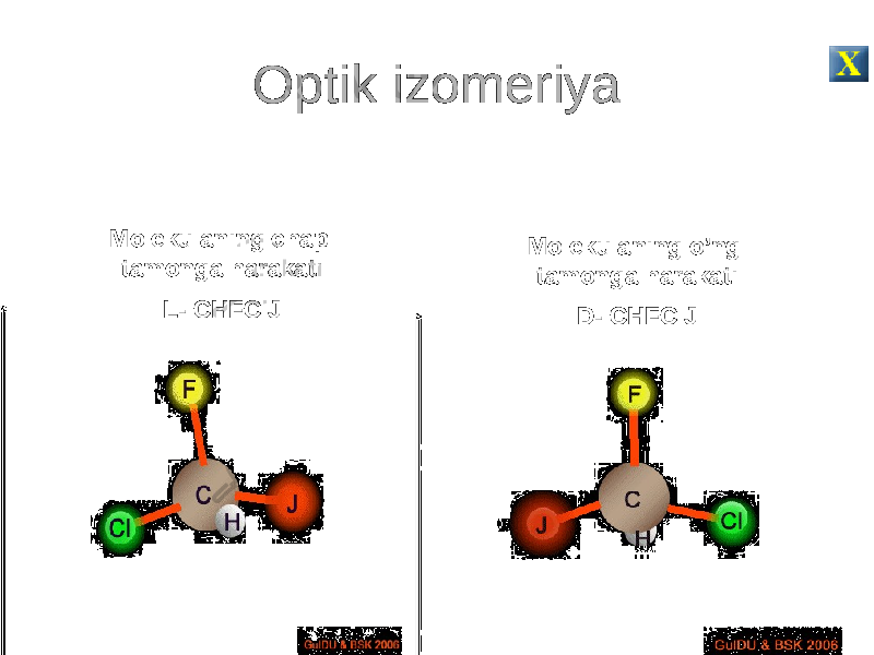 Optik izomeriya Molekulaning chap tamonga harakati L- CHFClJ Molekulaning o’ng tamonga harakati D- CHFClJ 