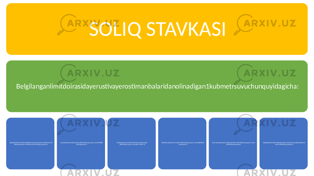 SOLIQ STAVKASI Belgilanganlimitdoirasidayerustivayerostimanbalaridanolinadigan1kubmetrsuvuchunquyidagicha: Iqtisodiyotnibarchasohasidagikorxonalaruchun(yerustiuchun140 so&amp;apos;m,yerostiuchun170so&amp;apos;m) Sanoatkorxonalariuchun(yerusti410so&amp;apos;m,yerosti490s o&amp;apos;m) Аvtotransportvositalariniyuvishuchun(yerusti1 380so&amp;apos;m,yerosti1 730soʼm) Elektrstantsiyalariuchun(yerusti35so&amp;apos;m,yerosti60so& amp;apos;m) Kommunalxizmatkoʼrsatishuchun(yerusti70so&amp;apos;m,yero sti90so&amp;apos;m) Аlkogolsizichimliklarishlabchiqaruvchiuchun(yerustivaostisuviuc hun21900so&amp;apos;m) 