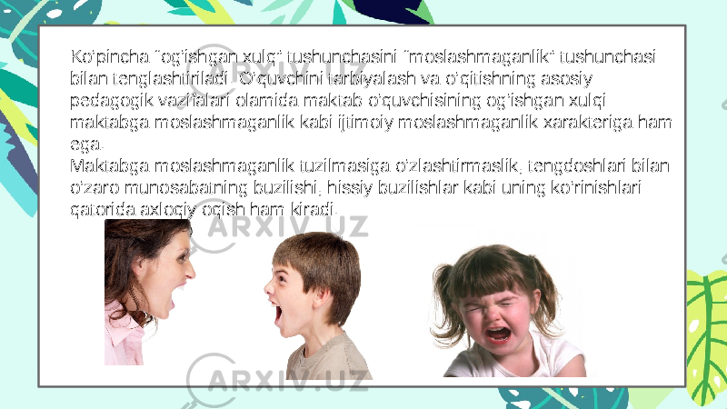 E n t e r t i t l e WENBENYANGSHI Enter title Enter title The user can perform the presentation on a projector or computer, and the powerpoint can be printed out and made into film The user can perform the presentation on a projector or computer, and the powerpoint can be printed out and made into film Enter title Enter title Enter title Enter title Enter title Enter titleKo’pincha “og’ishgan xulq” tushunchasini “moslashmaganlik” tushunchasi bilan tenglashtiriladi. O’quvchini tarbiyalash va o’qitishning asosiy pedagogik vazifalari olamida maktab o’quvchisining og’ishgan xulqi maktabga moslashmaganlik kabi ijtimoiy moslashmaganlik xarakteriga ham ega. Maktabga moslashmaganlik tuzilmasiga o’zlashtirmaslik, tengdoshlari bilan o’zaro munosabatning buzilishi, hissiy buzilishlar kabi uning ko’rinishlari qatorida axloqiy oqish ham kiradi. 