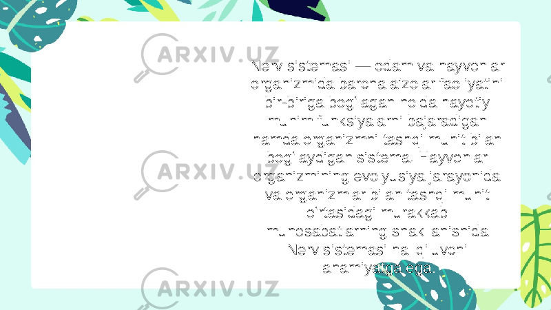 Nerv sistemasi — odam va hayvonlar organizmida barcha aʼzolar faoliyatini bir-biriga bogʻlagan holda hayotiy muhim funksiyalarni bajaradigan hamda organizmni tashqi muhit bilan bogʻlaydigan sistema. Hayvonlar organizmining evolyusiya jarayonida va organizmlar bilan tashqi muhit oʻrtasidagi murakkab munosabatlarning shakllanishida Nerv sistemasi hal qiluvchi ahamiyatga ega. 