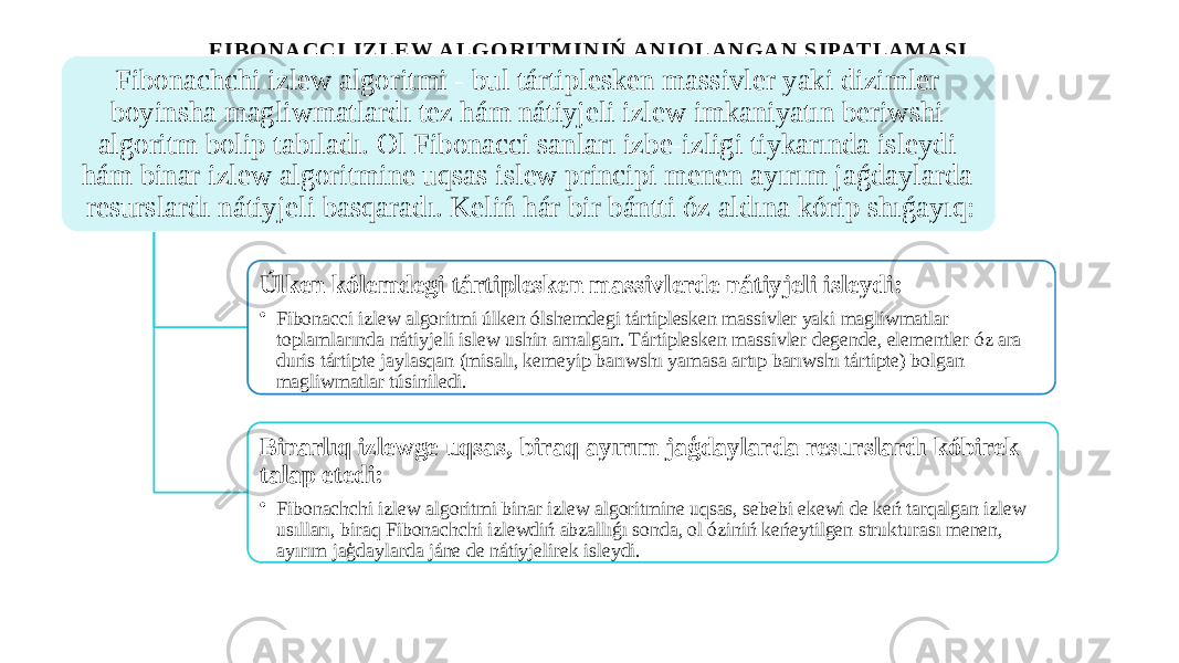 F I BO NA CC I IZ L E W A L G O RIT M IN IŃ A NI Q L A NG AN S IPATL A M A SI Fibonachchi izlew algoritmi - bul tártiplesken massivler yaki dizimler boyinsha magliwmatlardı tez hám nátiyjeli izlew imkaniyatın beriwshi algoritm bolip tabıladı. Ol Fibonacci sanları izbe-izligi tiykarında isleydi hám binar izlew algoritmine uqsas islew principi menen ayırım jaǵdaylarda resurslardı nátiyjeli basqaradı. Keliń hár bir bántti óz aldına kórip shıǵayıq: Úlken kólemdegi tártiplesken massivlerde nátiyjeli isleydi: • Fibonacci izlew algoritmi úlken ólshemdegi tártiplesken massivler yaki magliwmatlar toplamlarında nátiyjeli islew ushin arnalgan. Tártiplesken massivler degende, elementler óz ara duris tártipte jaylasqan (misalı, kemeyip barıwshı yamasa artıp barıwshı tártipte) bolgan magliwmatlar túsiniledi. Binarlıq izlewge uqsas, biraq ayırım jaģdaylarda resurslardı kóbirek talap etedi: • Fibonachchi izlew algoritmi binar izlew algoritmine uqsas, sebebi ekewi de keń tarqalgan izlew usılları, biraq Fibonachchi izlewdiń abzallıǵı sonda, ol óziniń keńeytilgen strukturası menen, ayırım jaģdaylarda jáne de nátiyjelirek isleydi. 