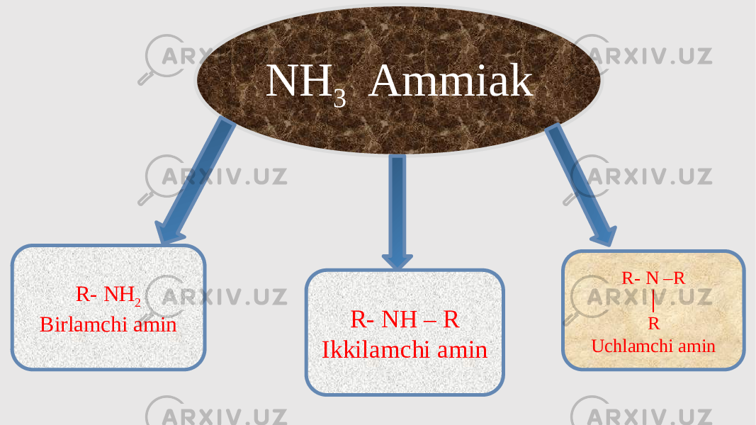 NH 3 Ammiak R- NH 2 Birlamchi amin R- NH – R Ikkilamchi amin R- N –R │ R Uchlamchi amin 