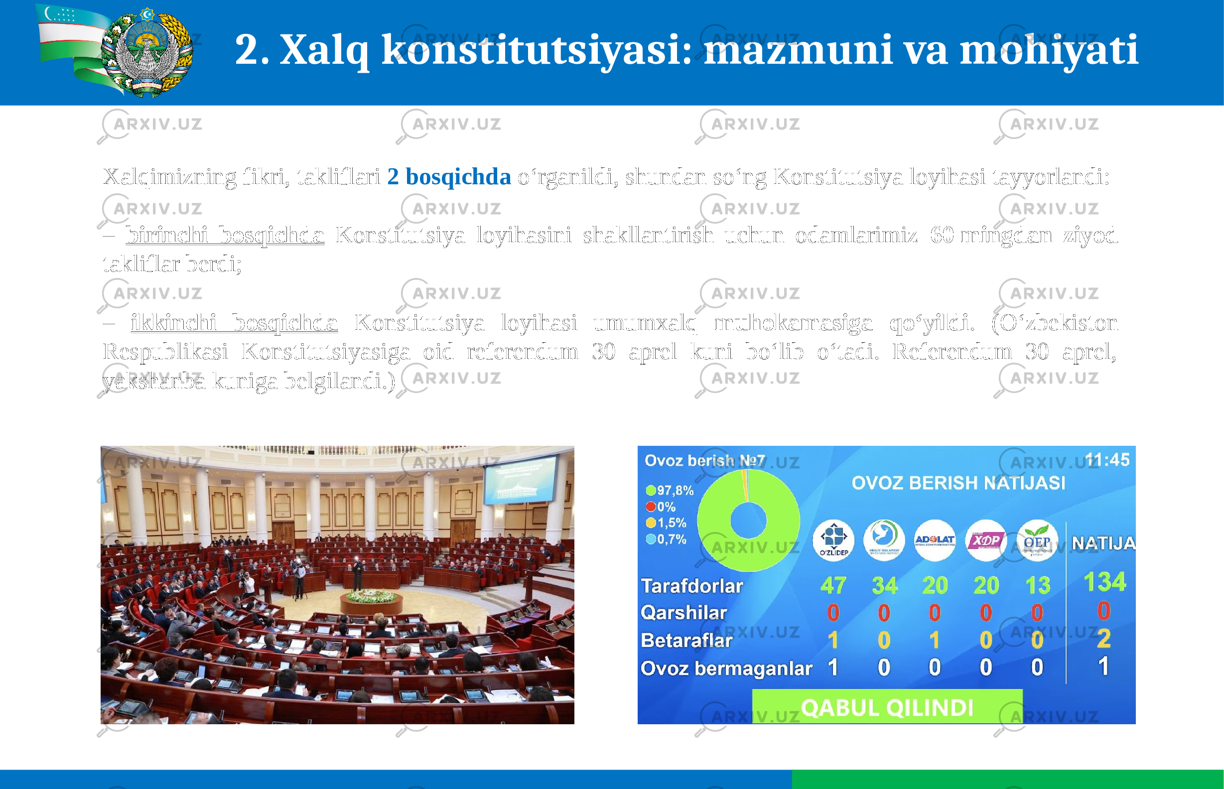  2. Xalq konstitutsiyasi: mazmuni va mohiyati Xalqimizning fikri, takliflari 2 bosqichda o‘rganildi, shundan so‘ng Konstitutsiya loyihasi tayyorlandi: – birinchi bosqichda Konstitutsiya loyihasini shakllantirish uchun odamlarimiz 60 mingdan ziyod takliflar berdi; – ikkinchi bosqichda Konstitutsiya loyihasi umumxalq muhokamasiga qo‘yildi . (O‘zbekiston Respublikasi Konstitutsiyasiga oid referendum 30 aprel kuni bo‘lib o‘tadi. Referendum 30 aprel, yakshanba kuniga belgilandi.) 