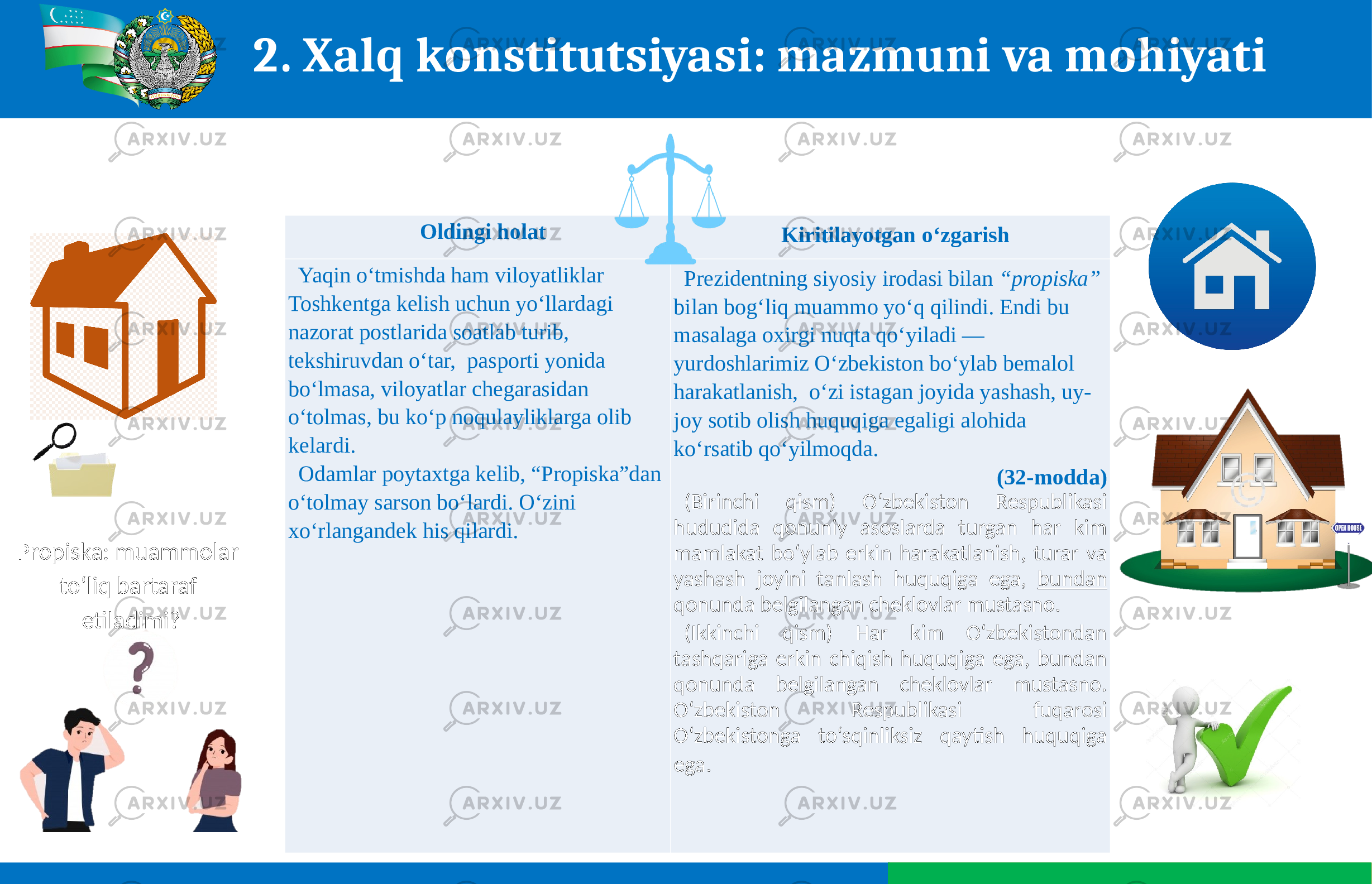 2. Xalq konstitutsiyasi: mazmuni va mohiyati Oldingi holat Kiritilayotgan oʻzgarish Yaqin oʻtmishda ham viloyatliklar Toshkentga kelish uchun yoʻllardagi nazorat postlarida soatlab turib, tekshiruvdan oʻtar, pasporti yonida boʻlmasa, viloyatlar chegarasidan oʻtolmas, bu koʻp noqulayliklarga olib kelardi. Odamlar poytaxtga kelib, “Propiska”dan oʻtolmay sarson boʻlardi. Oʻzini xoʻrlangandek his qilardi. Prezidentning siyosiy irodasi bilan “propiska” bilan bogʻliq muammo yoʻq qilindi. Endi bu masalaga oxirgi nuqta qoʻyiladi — yurdoshlarimiz Oʻzbekiston boʻylab bemalol harakatlanish, oʻzi istagan joyida yashash, uy- joy sotib olish huquqiga egaligi alohida koʻrsatib qoʻyilmoqda. (32-modda) (Birinchi qism) O‘zbekiston Respublikasi hududida qonuniy asoslarda turgan har kim mamlakat bo‘ylab erkin harakatlanish, turar va yashash joyini tanlash huquqiga ega, bundan qonunda belgilangan cheklovlar mustasno. (Ikkinchi qism) Har kim O‘zbekistondan tashqariga erkin chiqish huquqiga ega, bundan qonunda belgilangan cheklovlar mustasno. O‘zbekiston Respublikasi fuqarosi O‘zbekistonga to‘sqinliksiz qaytish huquqiga ega. Propiska: muammolar to‘liq bartaraf etiladimi? 