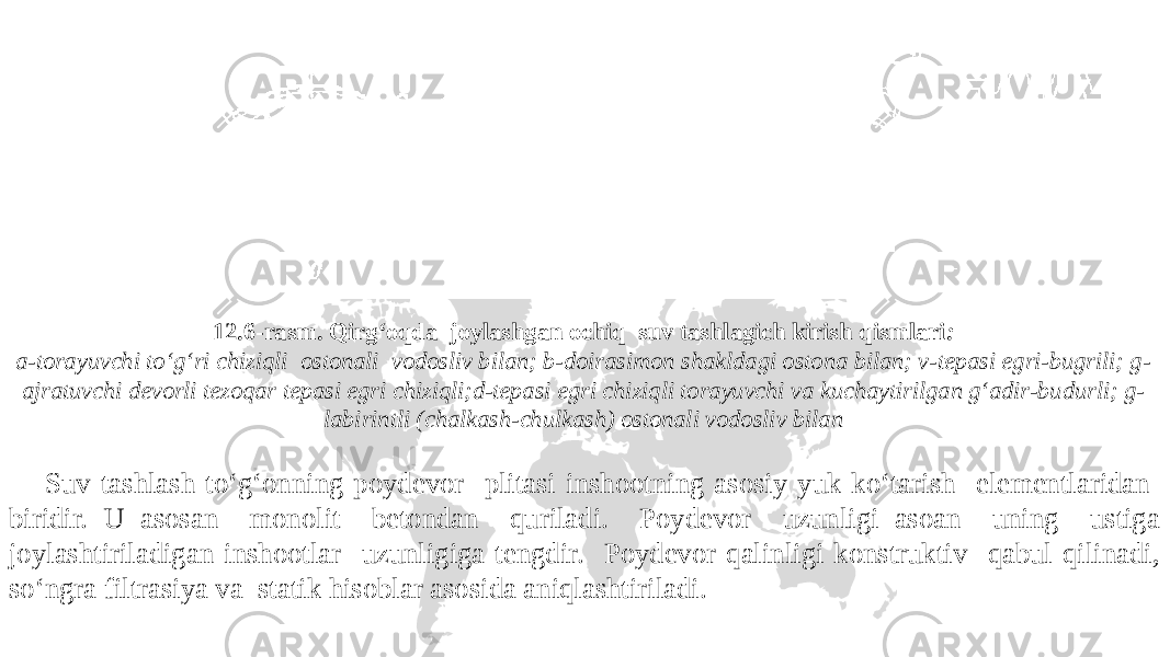 12.6-rasm. Qirg‘oqda joylashgan ochiq suv tashlagich kirish qismlari : a-torayuvchi to‘g‘ri chiziqli ostonali vodosliv bilan; b-doirasimon shakldagi ostona bilan; v-tepasi egri-bugrili; g- ajratuvchi devorli tezoqar tepasi egri chiziqli;d-tepasi egri chiziqli torayuvchi va kuchaytirilgan g‘adir-budurli; g- labirintli (chalkash-chulkash) ostonali vodosliv bilan Suv tashlash to‘g‘onning poydevor plitasi inshootning asosiy yuk ko‘tarish elementlaridan biridir. U asosan monolit betondan quriladi. Poydevor uzunligi asoan uning ustiga joylashtiriladigan inshootlar uzunligiga tengdir. Poydevor qalinligi konstruktiv qabul qilinadi, so‘ngra filtrasiya va statik hisoblar asosida aniqlashtiriladi. 