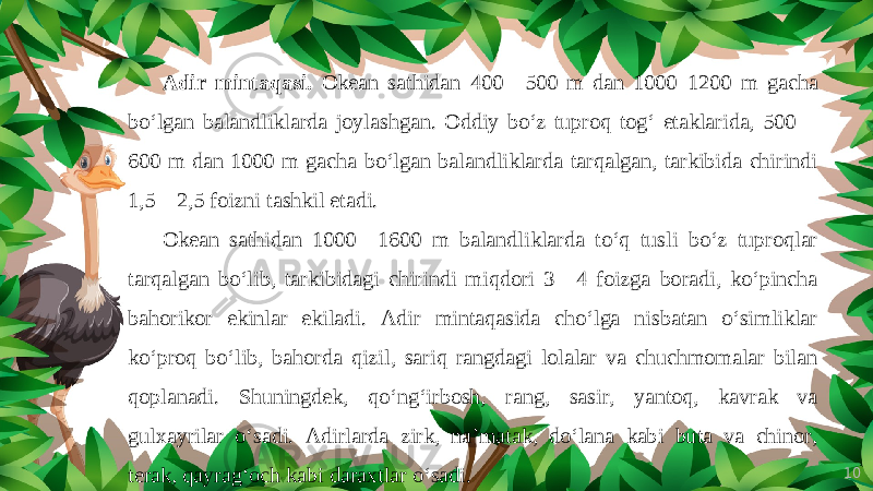 10Adir mintaqasi. Okean sathidan 400—500 m dan 1000–1200 m gacha bo‘lgan balandliklarda joylashgan. Oddiy bo‘z tuproq tog‘ etaklarida, 500— 600 m dan 1000 m gacha bo‘lgan balandliklarda tarqalgan, tarkibida chirindi 1,5—2,5 foizni tashkil etadi. Okean sathidan 1000—1600 m balandliklarda to‘q tusli bo‘z tuproqlar tarqalgan bo‘lib, tarkibidagi chirindi miqdori 3—4 foizga boradi, ko‘pincha bahorikor ekinlar ekiladi. Adir mintaqasida cho‘lga nisbatan o‘simliklar ko‘proq bo‘lib, bahorda qizil, sariq rangdagi lolalar va chuchmomalar bilan qoplanadi. Shuningdek, qo‘ng‘irbosh, rang, sasir, yantoq, kavrak va gulxayrilar o‘sadi. Adirlarda zirk, na’matak, do‘lana kabi buta va chinor, terak, qayrag‘och kabi daraxtlar o‘sadi. 