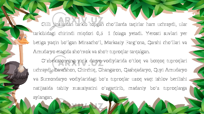 4Gilli jinslardan tarkib topgan cho‘llarda taqirlar ham uchraydi, ular tarkibidagi chirindi miqdori 0,5—1 foizga yetadi. Yerosti suvlari yer betiga yaqin bo‘lgan Mirzacho‘l, Markaziy Farg‘ona, Qarshi cho‘llari va Amudaryo etagida sho‘rxok va sho‘r tuproqlar tarqalgan. O‘zbekistonning yirik daryo vodiylarida o‘tloq va botqoq tuproqlari uchraydi. Zarafshon, Chirchiq, Ohangaron, Qashqadaryo, Quyi Amudaryo va Surxondaryo vodiylaridagi bo‘z tuproqlar uzoq vaqt ishlov berilishi natijasida tabiiy xususiyatini o‘zgartirib, madaniy bo‘z tuproqlarga aylangan. 