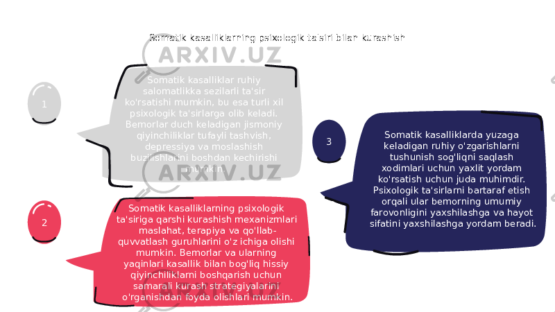 31 2 Somatik kasalliklarning psixologik ta&#39;siri bilan kurashish Somatik kasalliklar ruhiy salomatlikka sezilarli ta&#39;sir ko&#39;rsatishi mumkin, bu esa turli xil psixologik ta&#39;sirlarga olib keladi. Bemorlar duch keladigan jismoniy qiyinchiliklar tufayli tashvish, depressiya va moslashish buzilishlarini boshdan kechirishi mumkin. Somatik kasalliklarning psixologik ta&#39;siriga qarshi kurashish mexanizmlari maslahat, terapiya va qo&#39;llab- quvvatlash guruhlarini o&#39;z ichiga olishi mumkin. Bemorlar va ularning yaqinlari kasallik bilan bog&#39;liq hissiy qiyinchiliklarni boshqarish uchun samarali kurash strategiyalarini o&#39;rganishdan foyda olishlari mumkin. Somatik kasalliklarda yuzaga keladigan ruhiy o&#39;zgarishlarni tushunish sog&#39;liqni saqlash xodimlari uchun yaxlit yordam ko&#39;rsatish uchun juda muhimdir. Psixologik ta&#39;sirlarni bartaraf etish orqali ular bemorning umumiy farovonligini yaxshilashga va hayot sifatini yaxshilashga yordam beradi. 