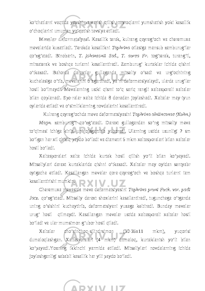 ko’chatlarni vaqtida yaxshi parvarish qilish, tuproqlarni yumshatish yoki kasallik o’choqlarini umuman yo’qotish tavsiya etiladi. Mevalar deformatsiyasi. Kasallik terak, kulrang qayrag’och va cheremuxa mevalarida kuzatiladi. Terakda kasallikni Taphrina oilasiga mansub zamburug’lar qo’zg’atadi. Binobarin, T. johansonii Sad., T. aurea Fr. tog’terak, turang’il, mirzaterak va boshqa turlarni kasallantiradi. Zamburug’ kurtaklar ichida qishni o’tkazadi. Bahorda daraxtlar gullaganda mitseliy o’sadi va urg’ochining kuchalasiga o’tib, mevalarini o’zgartiradi, ya’ni deformatsiyalaydi, ularda urug’lar hosil bo’lmaydi. Mevalarning ustki qismi to’q sariq rangli xaltasporali xaltalar bilan qoplanadi. Spo-ralar xalta ichida 8 donadan joylashadi. Xaltalar may-iyun oylarida etiladi va o’simliklarning novdalarini kasallantiradi. Kulrang qayrag’ochda meva deformatsiyasini Taphrina alniincanae (Kuhn.) Magn. zamburug’i qo’zg’atadi. Daraxt gullagandan so’ng mitseliy meva to’qimasi ichiga kirib, uni o’zgartirib yuboradi. Ularning ustida uzunligi 2 sm bo’lgan har xil chiziq paydo bo’ladi va diametri 5 mkm xaltasporalari bilan xaltalar hosil bo’ladi. Xaltasporalari xalta ichida kurtak hosil qilish yo’li bilan ko’payadi. Mitseliylari daraxt kurtaklarida qishni o’tkazadi. Xaltalar may oyidan sentyabr oyigacha etiladi. Kasallangan mevalar qora-qayrag’och va boshqa turlarni і am kasallantirishi mumkin. Cheremuxa mevasida meva deformatsiyasini Taphrina pruni Fuck. var. padi Jacz. qo’zg’atadi. Mitseliy daraxt shoxlarini kasallantiradi, tugunchaga o’tganda uning o’sishini kuchaytirib, deformatsiyani yuzaga keltiradi. Bunday mevalar urug’ hosil qilmaydi. Kasallangan mevalar ustida xaltasporali xaltalar hosil bo’ladi va ular mumsimon g’ubor hosil qiladi. Xaltalar cho’zinchoq-silindrsimon (30-35x11 mkm), yuqorisi dumaloqlashgan. Xaltasporalari (4 mkm) dumaloq, kurtaklanish yo’li bilan ko’payadi.Yozning ikkinchi yarmida etiladi. Mitseliylari novdalarning ichida joylashganligi sababli kasallik har yili paydo bo’ladi. 