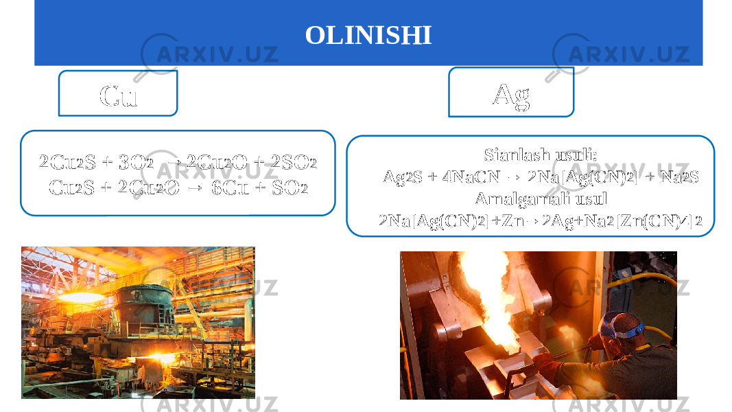 Cu 2Cu 2 S + 3O 2 → 2Cu 2 O + 2SO 2 Cu 2 S + 2Cu 2 O → 6Cu + SO 2 Ag Sianlash usuli: Ag 2 S + 4NaCN → 2Na[Ag(CN) 2 ] + Na 2 S Amalgamali usul 2Na[Ag(CN) 2 ]+Zn → 2Ag+Na 2 [Zn(CN) 4 ] 2OLINISHI 