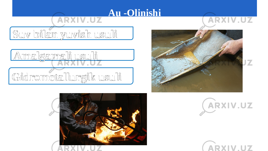 Suv bilan yuvish usuli Amalgamali usuli Gidrometallurgik usuli Au -Olinishi 