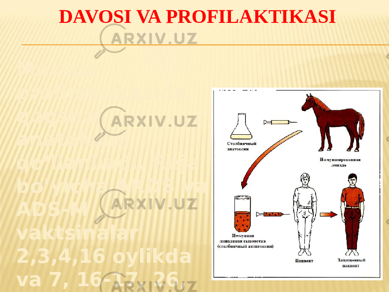 DAVOSI VA PROFILAKTIKASI Maxsus profilaktikasida qoqshol anatoksini qoʼllaniladi. Reja boʼyicha AKDS va ADS-M vaktsinalar 2,3,4,16 oylikda va 7, 16-17, 26, 46 yoshli bola va kattalarga qilinadi. 