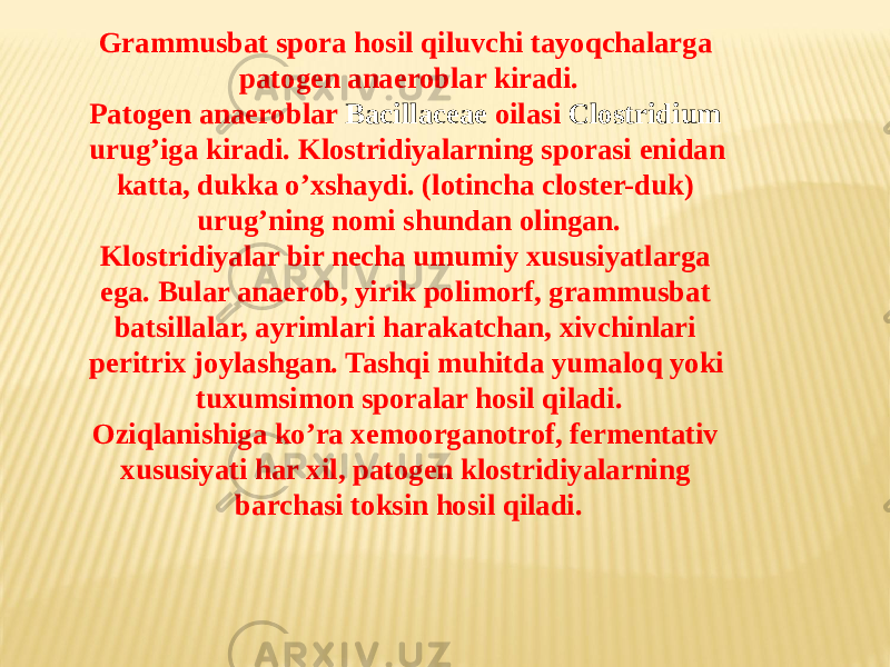 Grammusbat spora hosil qiluvchi tayoqchalarga patogen anaeroblar kiradi. Patogen anaeroblar Bacillaceae oilasi Clostridium urugʼiga kiradi. Klostridiyalarning sporasi enidan katta, dukka oʼxshaydi. (lotincha closter-duk) urugʼning nomi shundan olingan. Klostridiyalar bir necha umumiy xususiyatlarga ega. Bular anaerob, yirik polimorf, grammusbat batsillalar, ayrimlari harakatchan, xivchinlari peritrix joylashgan. Tashqi muhitda yumaloq yoki tuxumsimon sporalar hosil qiladi. Oziqlanishiga koʼra xemoorganotrof, fermentativ xususiyati har xil, patogen klostridiyalarning barchasi toksin hosil qiladi. 