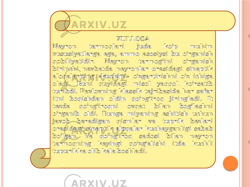 XULLOSA Neyron tarmoqlari juda ko’p muhim xususiyatlarga ega, ammo asosiysi bu o’rganish qobiliyatidir. Neyron tarmog’ini o’rganish birinchi navbatda neyronlar orasidagi sinaptik aloqalarning «kuchini» o’zgartirishni o’z ichiga oladi. Buni quyidagi misol yaqqol ko’rsatib turibdi. Pavlovning klassik tajribasida har safar itni boqishdan oldin qo’ng’iroq jiringladi. It tezda qo’ng’iroqni ovqat bilan bog’lashni o’rganib oldi. Bunga miyaning eshitish uchun javob beradigan qismlar va tuprik bezlari orasidagi sinaptik aloqalar kuchayganligi sabab bo’lgan. Va qo’ng’iroq sadosi bilan neyron tarmoqning keyingi qo’zg’alishi itda kuchli tupurikka olib kela boshladi. 