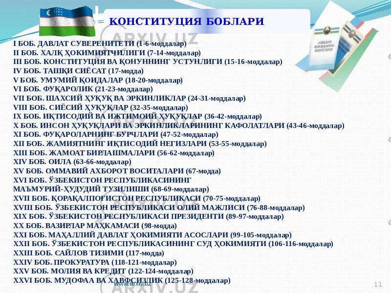 КОНСТИТУЦИЯ БОБЛАРИ 11I БОБ. ДАВЛАТ СУВЕРЕНИТЕТИ (1-6-моддалар) II БОБ. ХАЛҚ ҲОКИМИЯТЧИЛИГИ (7-14-моддалар) III БОБ. КОНСТИТУЦИЯ ВА ҚОНУННИНГ УСТУНЛИГИ (15-16-моддалар) IV БОБ. ТАШҚИ СИЁСАТ (17-модда) V БОБ. УМУМИЙ ҚОИДАЛАР (18-20-моддалар) VI БОБ. ФУҚАРОЛИК (21-23-моддалар) VII БОБ. ШАХСИЙ ҲУҚУҚ ВА ЭРКИНЛИКЛАР (24-31-моддалар) VIII БОБ. СИЁСИЙ ҲУҚУҚЛАР (32-35-моддалар) IX БОБ. ИҚТИСОДИЙ ВА ИЖТИМОИЙ ҲУҚУҚЛАР (36-42-моддалар) X БОБ. ИНСОН ҲУҚУҚЛАРИ ВА ЭРКИНЛИКЛАРИНИНГ КАФОЛАТЛАРИ (43-46-моддалар) XI БОБ. ФУҚАРОЛАРНИНГ БУРЧЛАРИ (47-52-моддалар) XII БОБ. ЖАМИЯТНИНГ ИҚТИСОДИЙ НЕГИЗЛАРИ (53-55-моддалар) XIII БОБ. ЖАМОАТ БИРЛАШМАЛАРИ (56-62-моддалар) XIV БОБ. ОИЛА (63-66-моддалар) XV БОБ. ОММАВИЙ АХБОРОТ ВОСИТАЛАРИ (67-модда) XVI БОБ. ЎЗБЕКИСТОН РЕСПУБЛИКАСИНИНГ МАЪМУРИЙ-ҲУДУДИЙ ТУЗИЛИШИ (68-69-моддалар) XVII БОБ. ҚОРАҚАЛПОҒИСТОН РЕСПУБЛИКАСИ (70-75-моддалар) ХVIII БОБ. ЎЗБЕКИСТОН РЕСПУБЛИКАСИ ОЛИЙ МАЖЛИСИ (76-88-моддалар) ХIХ БОБ. ЎЗБЕКИСТОН РЕСПУБЛИКАСИ ПРЕЗИДЕНТИ (89-97-моддалар) ХХ БОБ. ВАЗИРЛАР МАҲКАМАСИ (98-модда) ХХI БОБ. МАҲАЛЛИЙ ДАВЛАТ ҲОКИМИЯТИ АСОСЛАРИ (99-105-моддалар) ХХII БОБ. ЎЗБЕКИСТОН РЕСПУБЛИКАСИНИНГ СУД ҲОКИМИЯТИ (106-116-моддалар) ХХIII БОБ. САЙЛОВ ТИЗИМИ (117-модда) ХХIV БОБ. ПРОКУРАТУРА (118-121-моддалар) ХХV БОБ. МОЛИЯ ВА КРЕДИТ (122-124-моддалар) ХХVI БОБ. МУДОФАА ВА ХАВФСИЗЛИК (125-128-моддалар) www.arxiv.uz02 