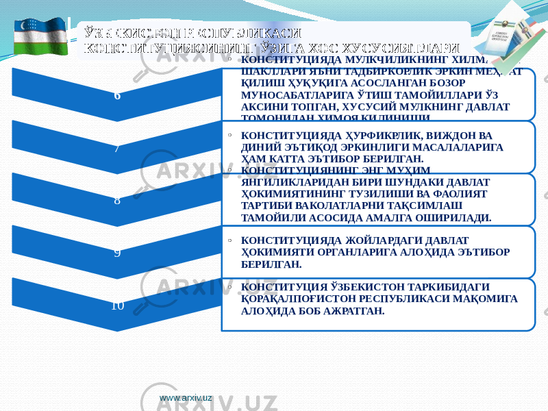 ЎЗБЕКИСТОН РЕСПУБЛИКАСИ КОНСТИТУЦИЯСИНИНГ ЎЗИГА ХОС ХУСУСИЯТЛАРИ 6 ● КОНСТИТУЦИЯДА МУЛКЧИЛИКНИНГ ХИЛМА-ХИЛ ШАКЛЛАРИ ЯЪНИ ТАДБИРКОРЛИК ЭРКИН МЕҲНАТ ҚИЛИШ ҲУҚУҚИГА АСОСЛАНГАН БОЗОР МУНОСАБАТЛАРИГА ЎТИШ ТАМОЙИЛЛАРИ ЎЗ АКСИНИ ТОПГАН, ХУСУСИЙ МУЛКНИНГ ДАВЛАТ ТОМОНИДАН ҲИМОЯ ҚИЛИНИШИ ТАЪКИДЛАНГАН. 7 ● КОНСТИТУЦИЯДА ҲУРФИКРЛИК, ВИЖДОН ВА ДИНИЙ ЭЪТИҚОД ЭРКИНЛИГИ МАСАЛАЛАРИГА ҲАМ КАТТА ЭЪТИБОР БЕРИЛГАН. 8 ● КОНСТИТУЦИЯНИНГ ЭНГ МУҲИМ ЯНГИЛИКЛАРИДАН БИРИ ШУНДАКИ ДАВЛАТ ҲОКИМИЯТИНИНГ ТУЗИЛИШИ ВА ФАОЛИЯТ ТАРТИБИ ВАКОЛАТЛАРНИ ТАҚСИМЛАШ ТАМОЙИЛИ АСОСИДА АМАЛГА ОШИРИЛАДИ. 9 ● КОНСТИТУЦИЯДА ЖОЙЛАРДАГИ ДАВЛАТ ҲОКИМИЯТИ ОРГАНЛАРИГА АЛОҲИДА ЭЪТИБОР БЕРИЛГАН. 10 ● КОНСТИТУЦИЯ ЎЗБЕКИСТОН ТАРКИБИДАГИ ҚОРАҚАЛПОҒИСТОН РЕСПУБЛИКАСИ МАҚОМИГА АЛОҲИДА БОБ АЖРАТГАН. www.arxiv.uz012F1F 1D 