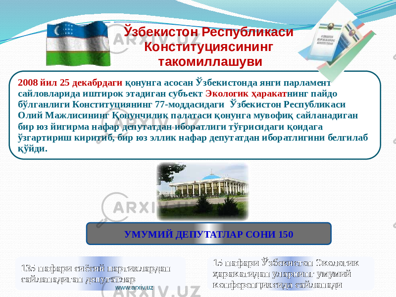 2008 йил 25 декабрдаги қонунга асосан Ўзбекистонда янги парламент сайловларида иштирок этадиган субъект Экологик ҳаракат нинг пайдо бўлганлиги Конституциянинг 77-моддасидаги Ўзбекистон Республикаси Олий Мажлисининг Қонунчилик палатаси қонунга мувофиқ сайланадиган бир юз йигирма нафар депутатдан иборатлиги тўғрисидаги қоидага ўзгартириш киритиб, бир юз эллик нафар депутатдан иборатлигини белгилаб қўйди. Ўзбекистон Республикаси Конституциясининг такомиллашуви УМУМИЙ ДЕПУТАТЛАР СОНИ 150 135 нафари сиёсий партиялардан сайланадиган депутатлар 15 нафари Ўзбекистон Экологик ҳаракатидан уларнинг умумий конференциясида сайланади www.arxiv.uz3D50520D 07 3D520D 0E0C130C05 05 