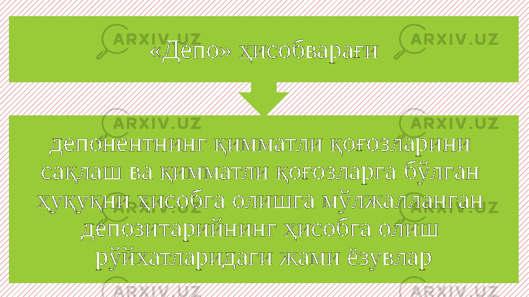 депонентнинг қимматли қоғозларини сақлаш ва қимматли қоғозларга бўлган ҳуқуқни ҳисобга олишга мўлжалланган депозитарийнинг ҳисобга олиш рўйхатларидаги жами ёзувлар «Депо» ҳисобварағи 