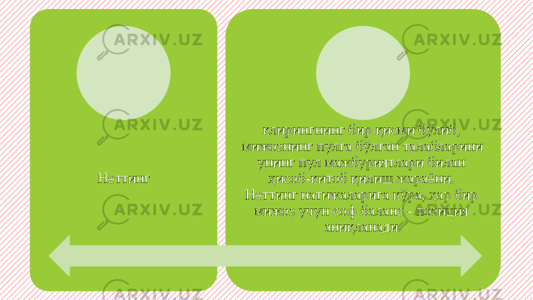 Неттинг клирингнинг бир қисми бўлиб, мижознинг пулга бўлган талабларини унинг пул мажбуриятлари билан ҳисоб-китоб қилиш жараёни. Неттинг натижаларига кўра, ҳар бир мижоз учун соф баланс - позиция аниқланади. 