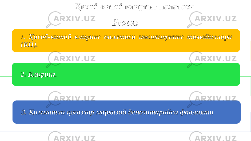 Режа: 1 . Ҳисоб-китоб клиринг палатаси институнинг тамойиллари (КП). 2. Клиринг . 3. Қимматли қоғозлар марказий депозитарийси фаолияти Ҳисоб-китоб клиринг палатаси 