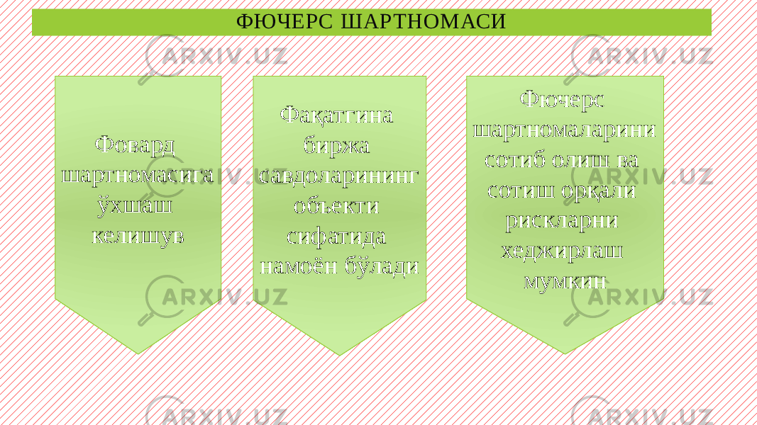 ФЮЧЕРС ШАРТНОМАСИ Фовард шартномасига ўхшаш келишув Фақатгина биржа савдоларининг объекти сифатида намоён бўлади Фючерс шартномаларини сотиб олиш ва сотиш орқали рискларни хеджирлаш мумкин 