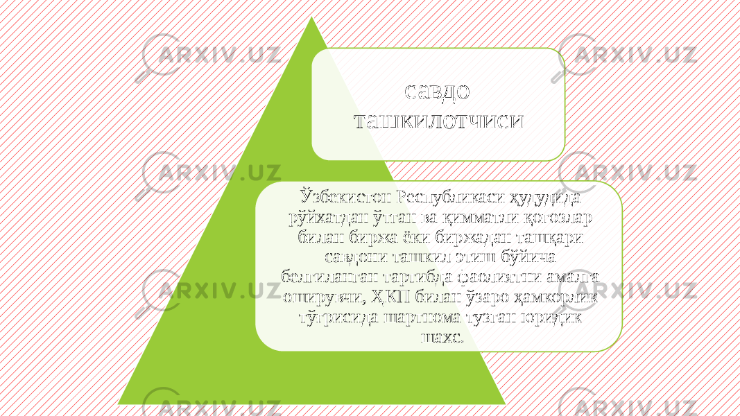 савдо ташкилотчиси   Ўзбекистон Республикаси ҳудудида рўйхатдан ўтган ва қимматли қоғозлар билан биржа ёки биржадан ташқари савдони ташкил этиш бўйича белгиланган тартибда фаолиятни амалга оширувчи, ҲКП билан ўзаро ҳамкорлик тўғрисида шартнома тузган юридик шахс. 