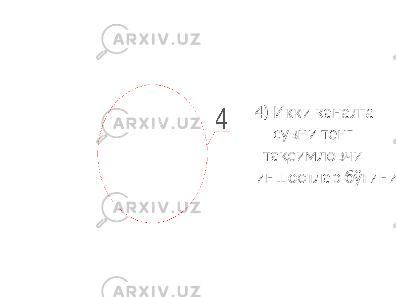  4) Икки каналга сувни тенг тақсимловчи иншоотлар бўғини 