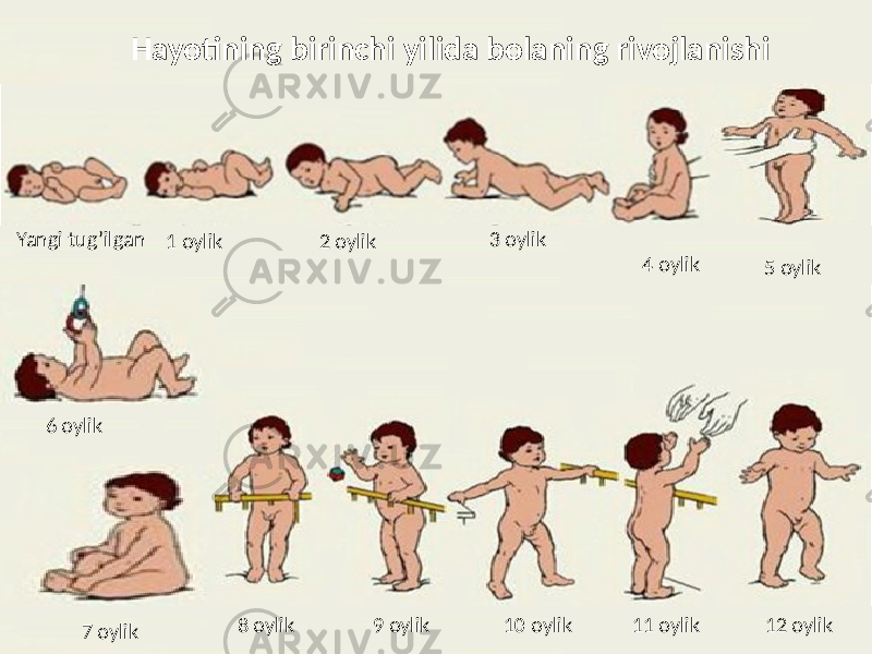 Hayotining birinchi yilida bolaning rivojlanishi Yangi tug’ilgan 1 oylik 2 oylik 3 oylik 4 oylik 5 oylik 6 oylik 7 oylik 8 oylik 9 oylik 10 oylik 11 oylik 12 oylik 