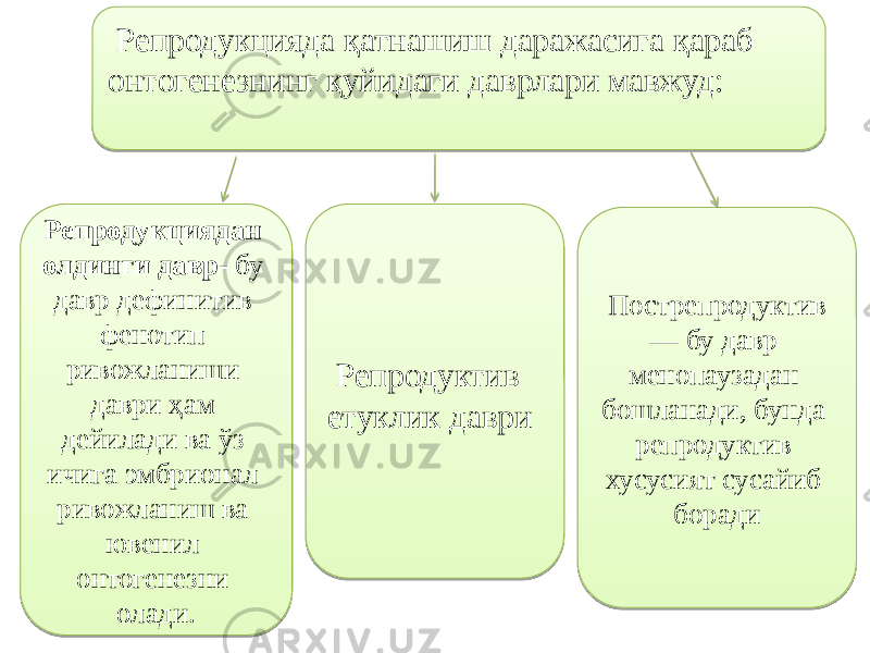  Репродукцияда қатнашиш даражасига қараб онтогенезнинг қуйидаги даврлари мавжуд: Репродукциядан олдинги давр- бу давр дефинитив фенотип ривожланиши даври ҳам дейилади ва ўз ичига эмбрионал ривожланиш ва ювенил онтогенезни олади. Репродуктив етуклик даври Пострепродуктив — бу давр менопаузадан бошланади, бунда репродуктив хусусият сусайиб боради02 2A 06 21 0E 1E 11 2E 0F 110E 1108 0A 0F0A 2F 0604 06 02 2A 08 27 350B1E 1B08 1E 0F 3E 1E060F0E 